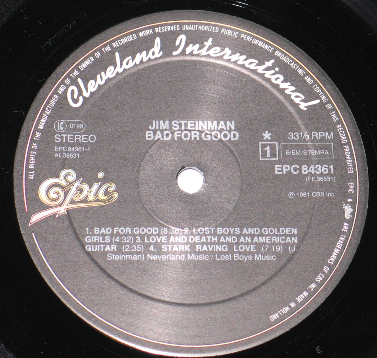 Close-up of Side One vinyl record label for Jim Steinman’s Bad for Good album, showing track titles, catalog number EPC 84361, Cleveland International and Epic logos.